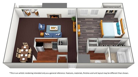 Floor plan for 1 bed, 1 bath, 684 sqft